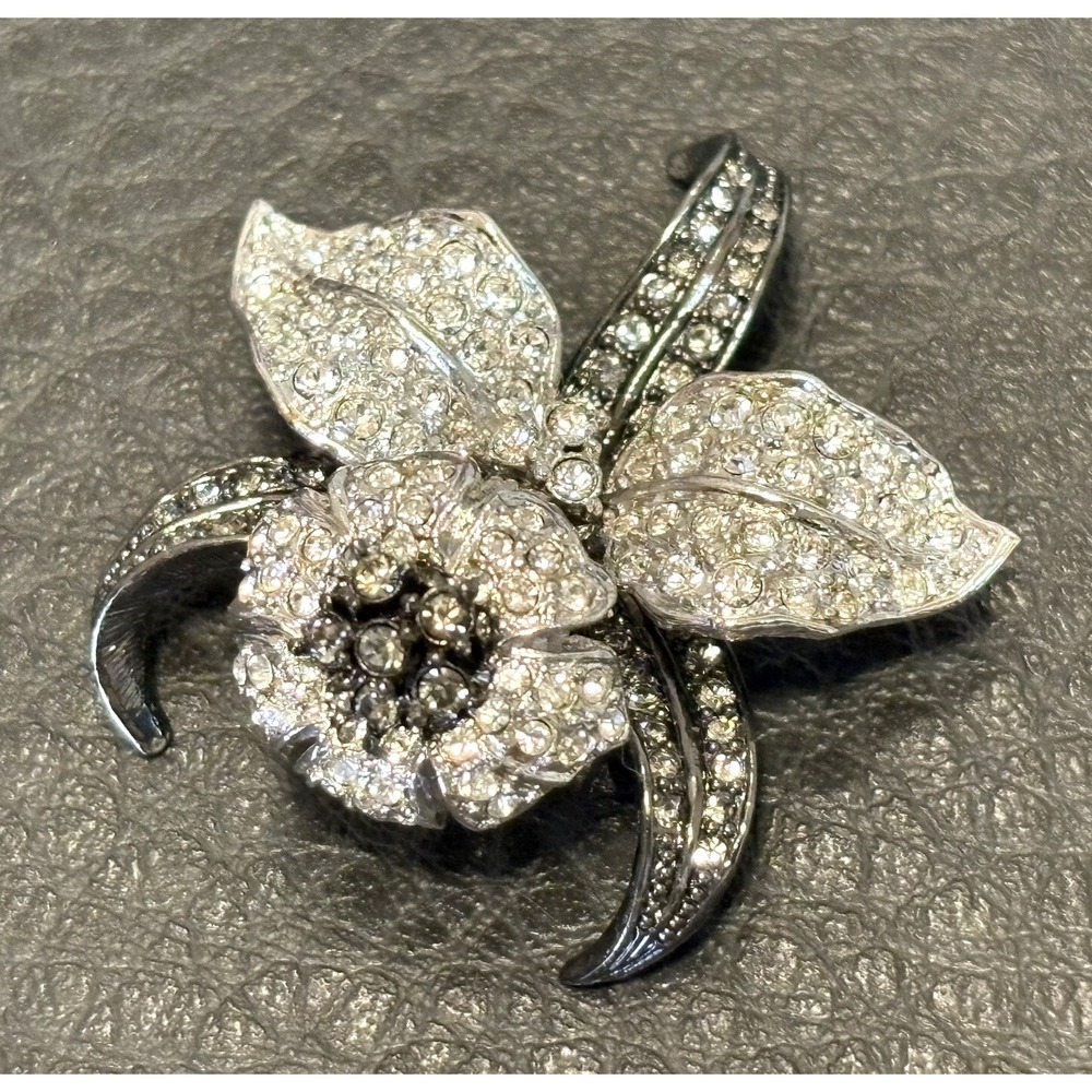 Vintage Nolan Miller Silver Tone Crystal Rhinestone Rose Or Orchid Pendant